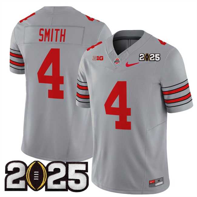 Mens Ohio State Buckeyes #4 Jeremiah Smith Grey 2025 CFP Final Patch F.U.S.E. Vapor Limited Stitched Football Jersey